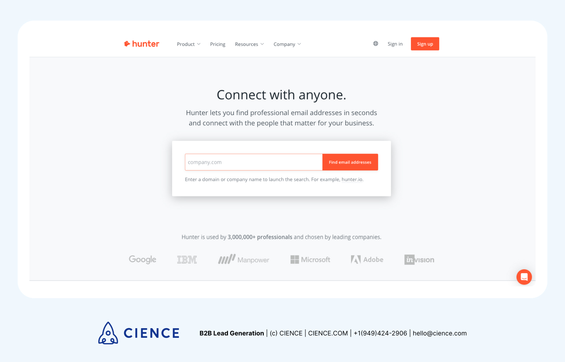 Hunter.io email finder interface showing domain search results with verified contact emails and source discovery dates for outbound targeting